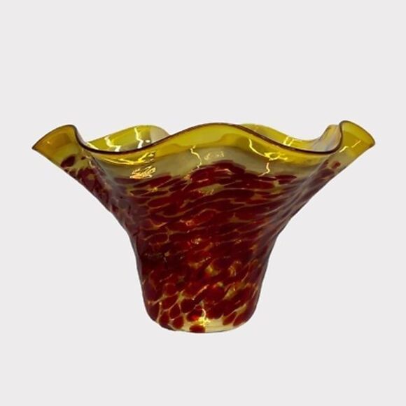 Wimberley Glass Works Art Bowl Vase Ruffled Scalloped Edges Amber Red Signed New - Picture 10 of 12